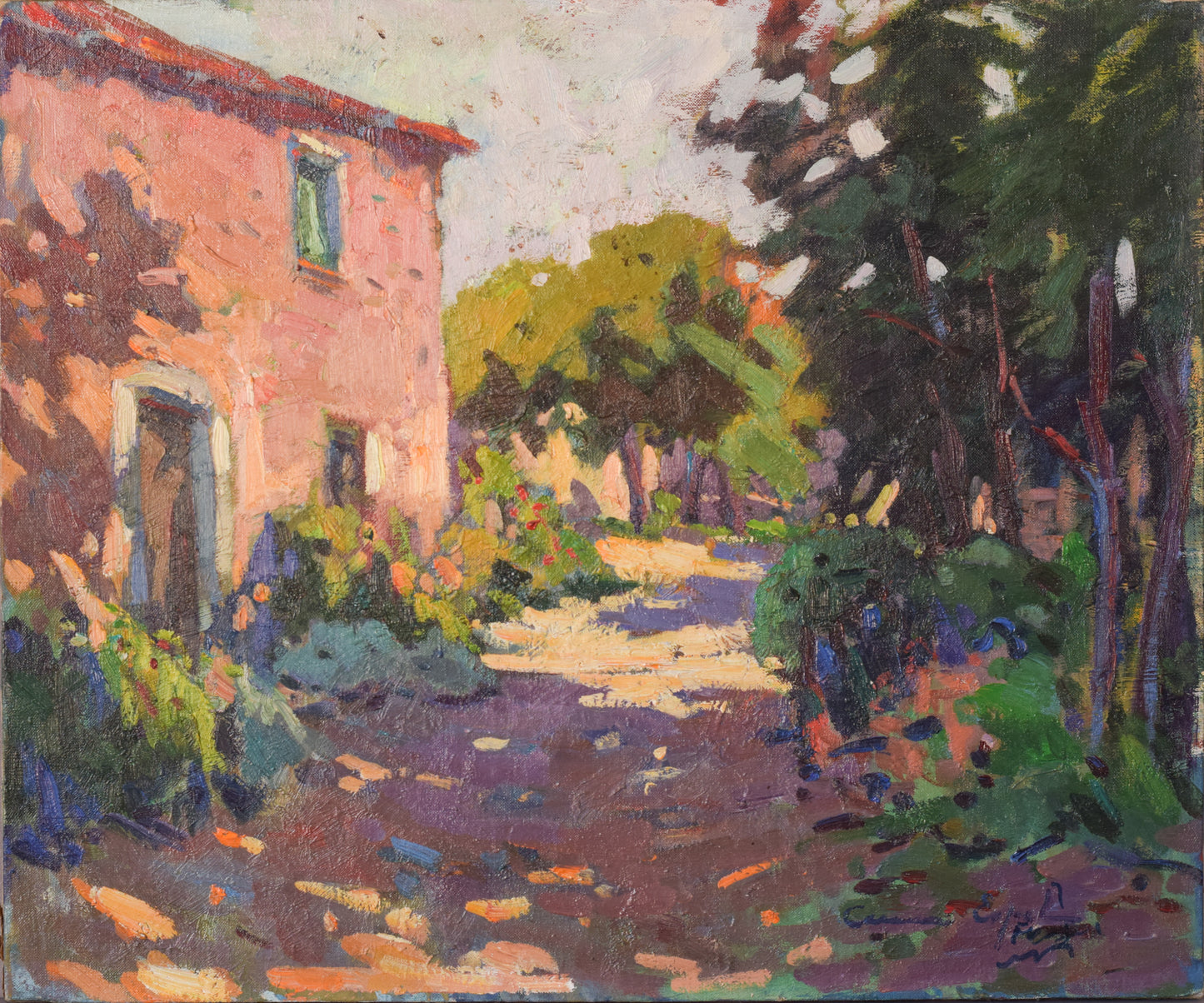 Pintura al Óleo Post Impresionista de Casa con Árboles. Estudio de luces y sombras