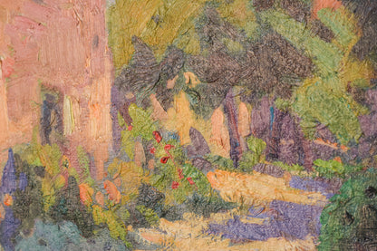 Pintura al Óleo Post Impresionista de Casa con Árboles. Estudio de luces y sombras