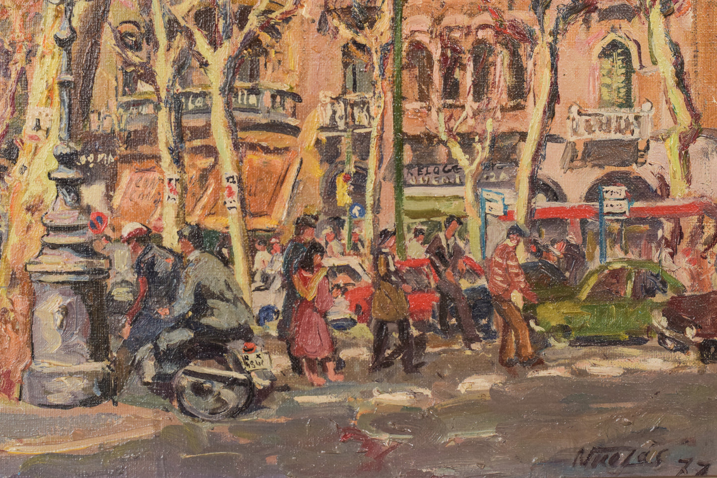 Escena callejera de Barcelona, ​​'Passeig de Gràcia. Plaça de Catalunya' - Óleo sobre lienzo