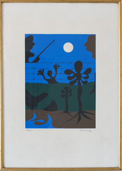 Moonlit scene with figure and guard in the manner of Joan Miró_Framed