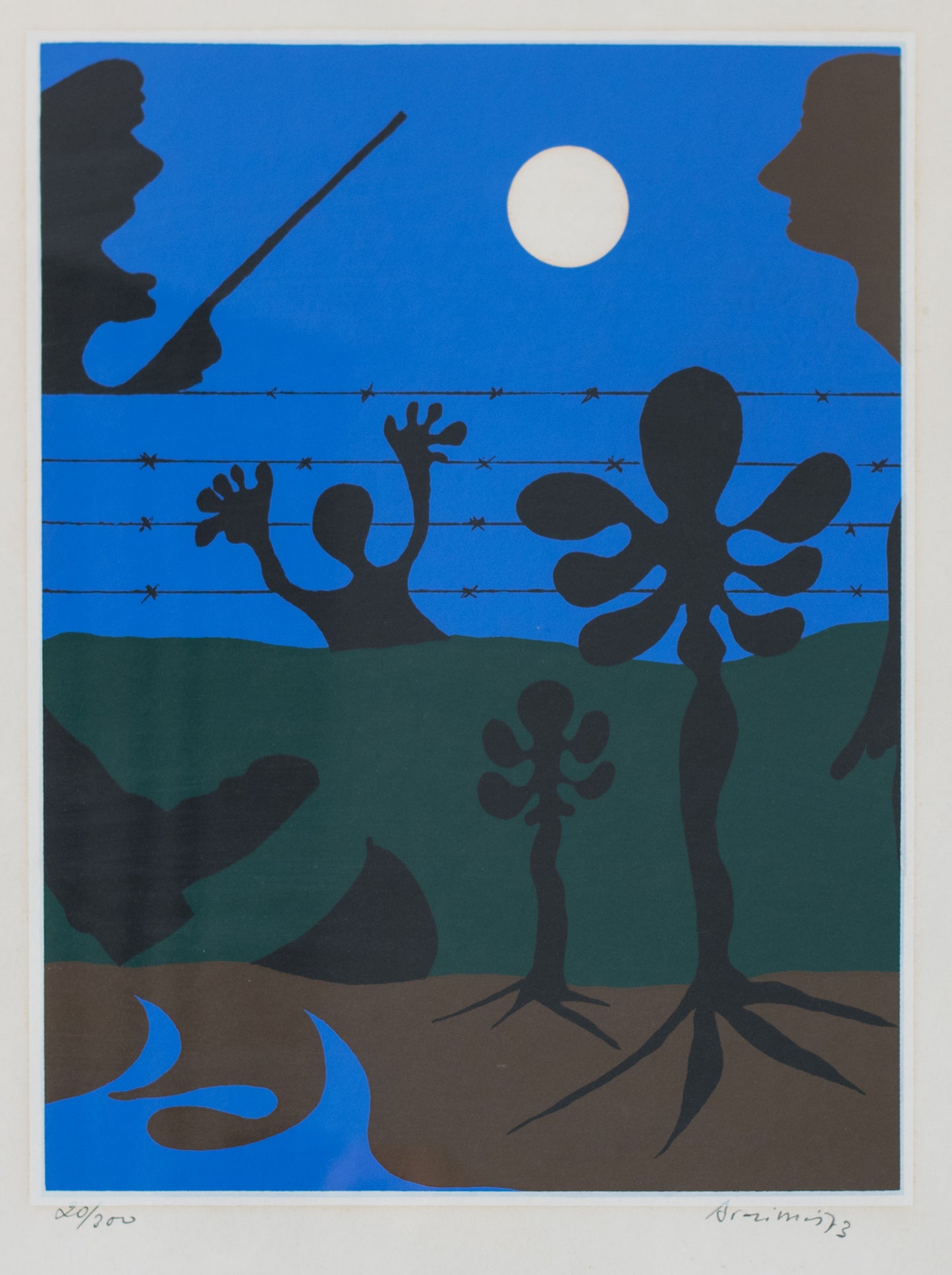 Moonlit scene with figure and guard in the manner of Joan Miró