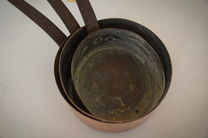 Set of three - Copper and Iron Handled Saucepans