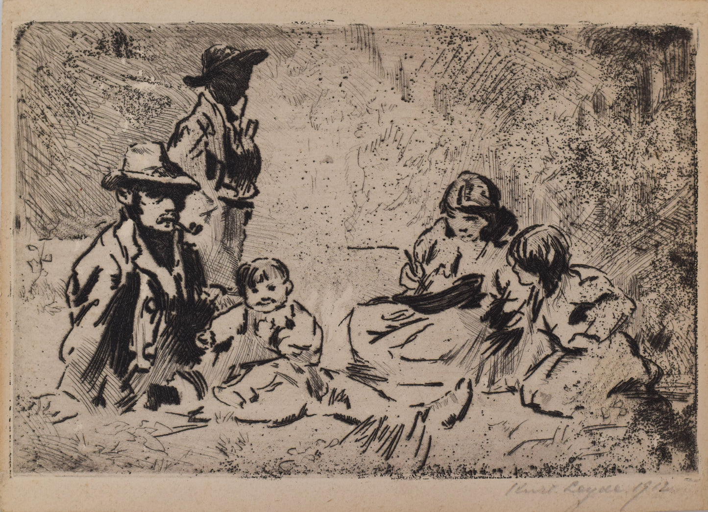 Two figures in a field with children - In on paper