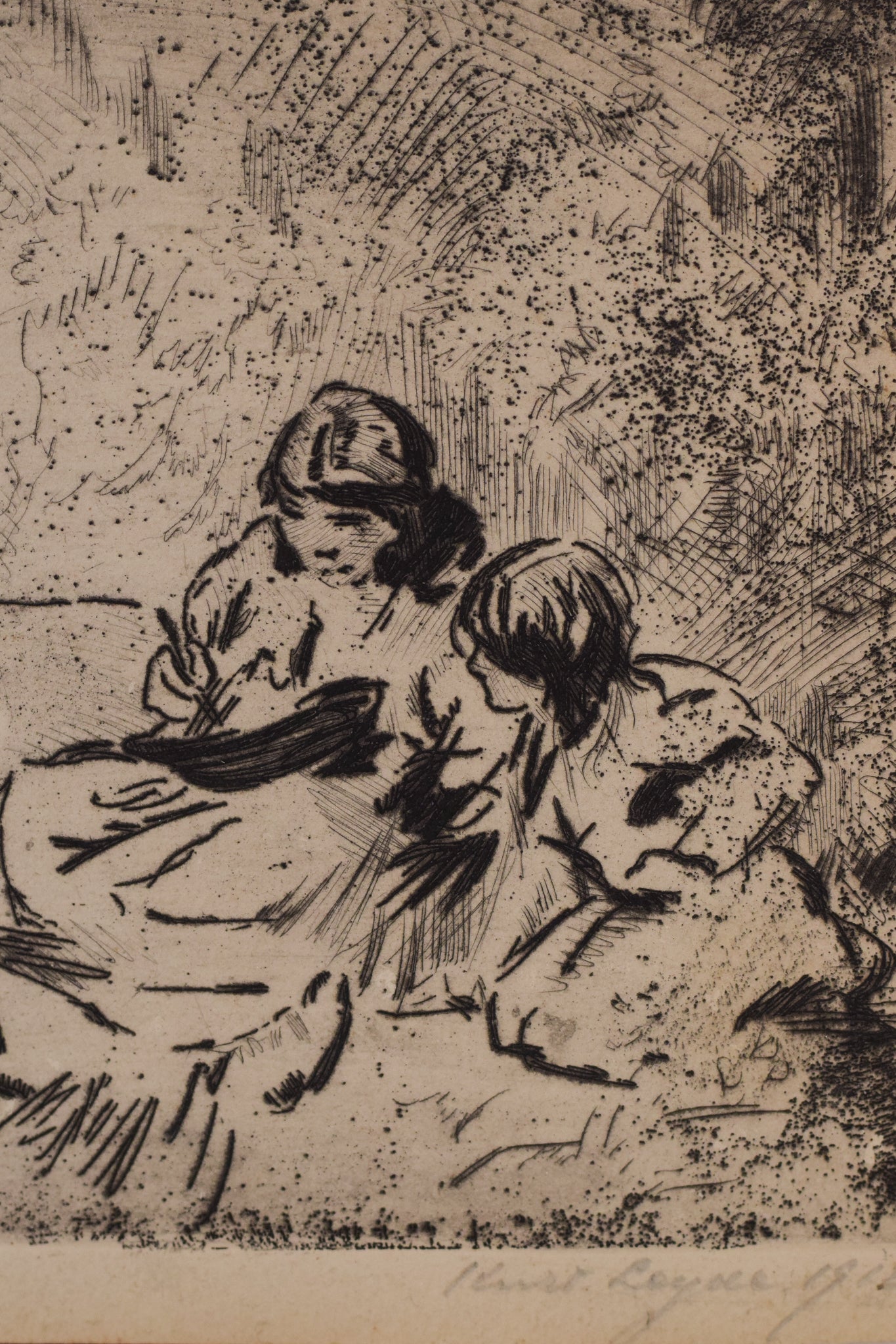 Two figures in a field with children - In on paper