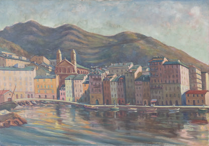 Port Scene with Fishing Boats and Mountains