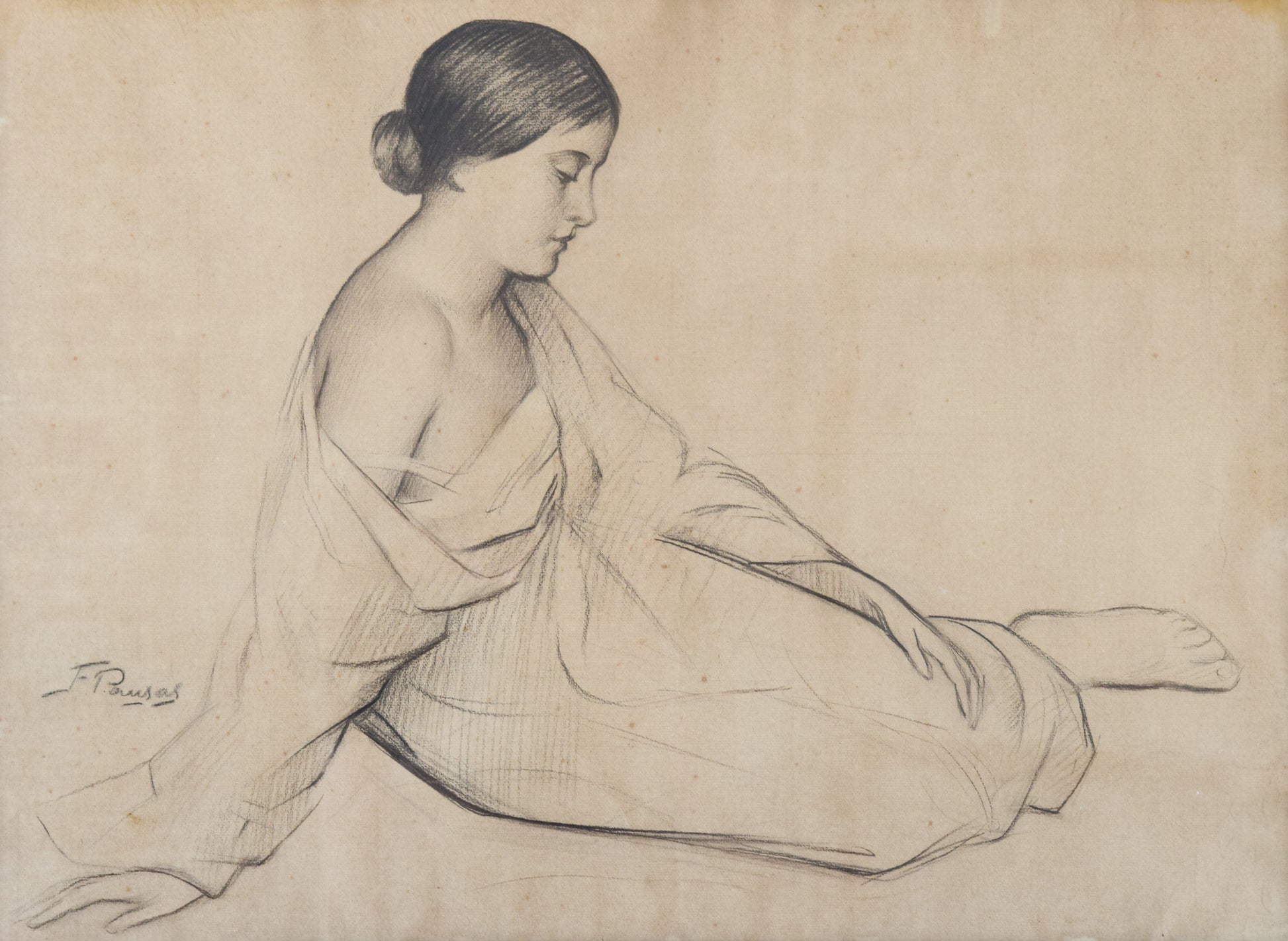 Framed Collotype Print of Girl sitting by Francesco Pausas