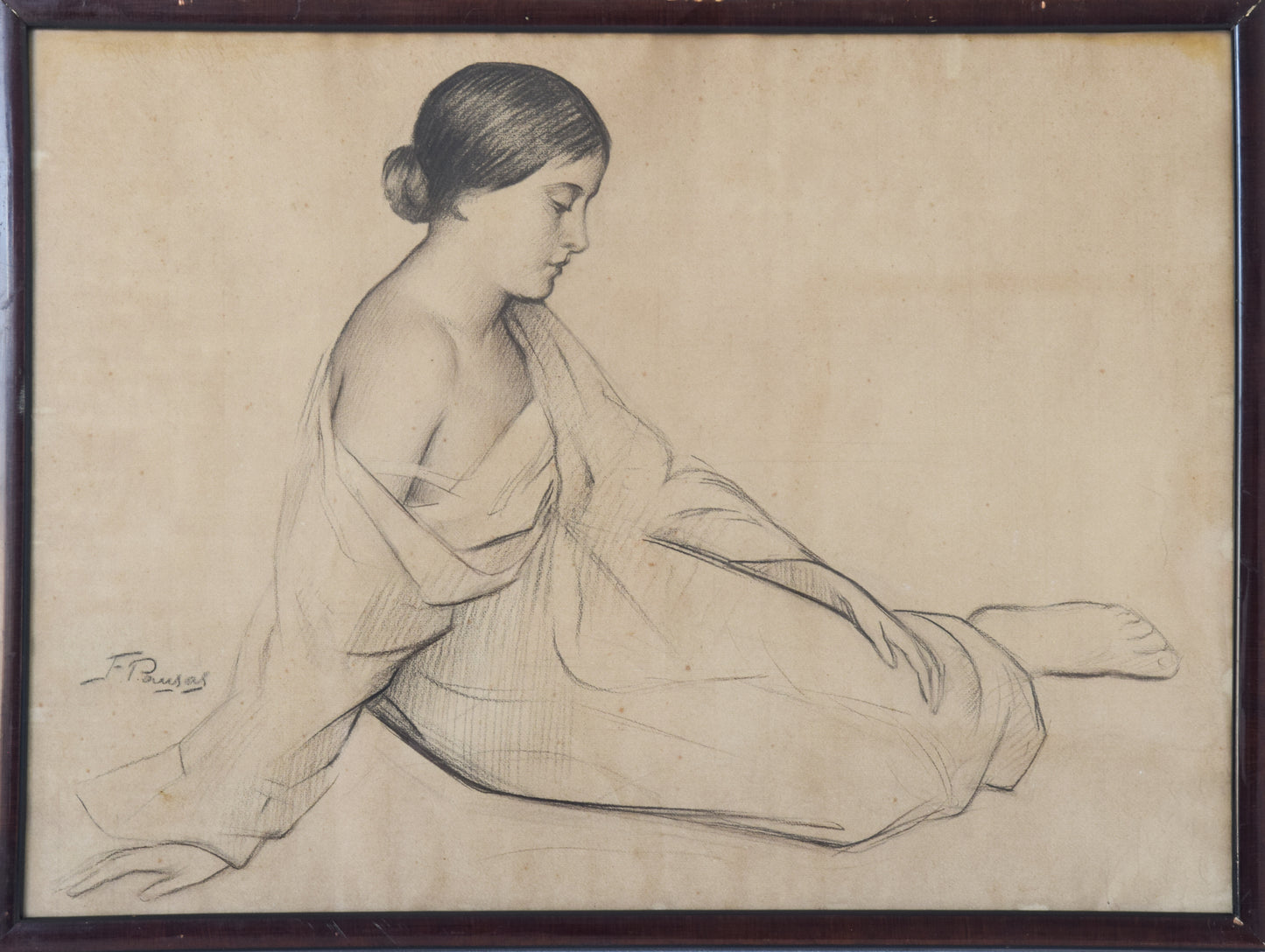 Framed Collotype Print of Girl sitting by Francesco Pausas