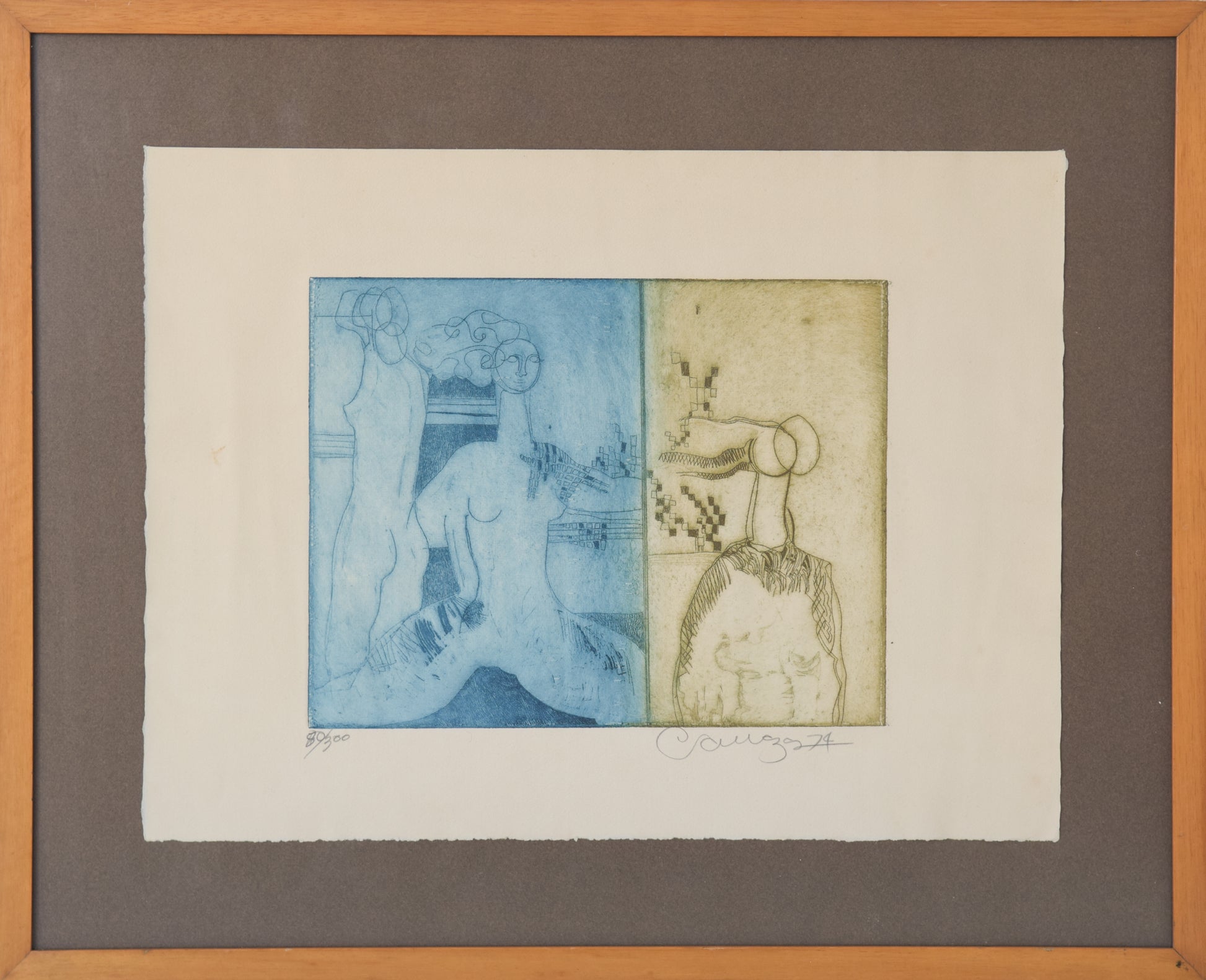 Etching with Nude Figures and Abstract Design_Framed