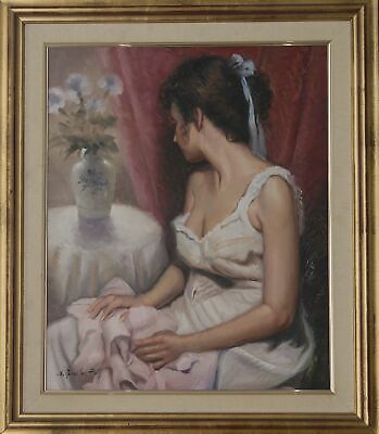 Girl looking at a vase of flowers. Oil Painting On Canvas. Signed Original.