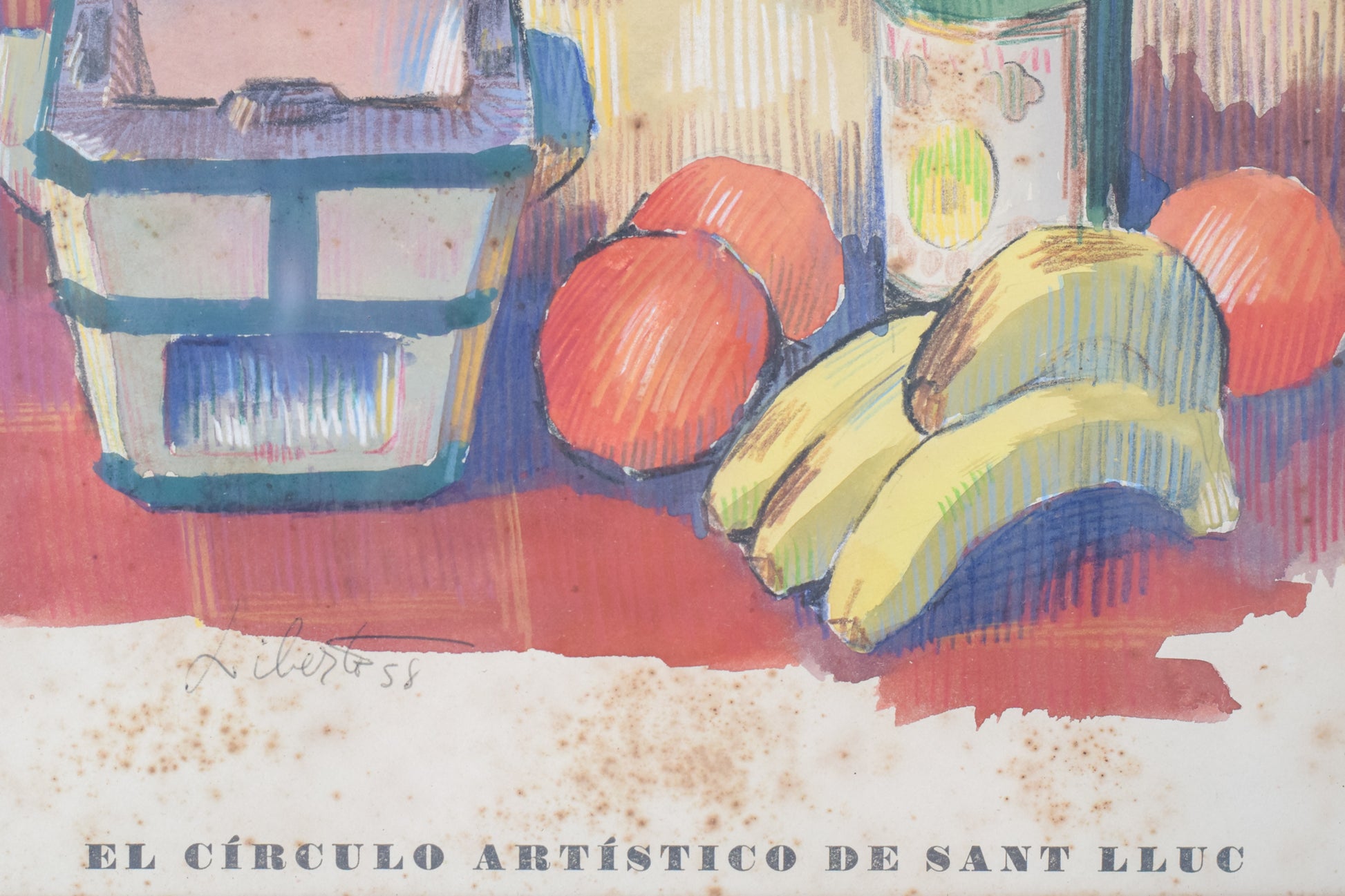 'El Circulo Artistico de Sant Lluc' Colourful Still Life Lithograph_Detail
