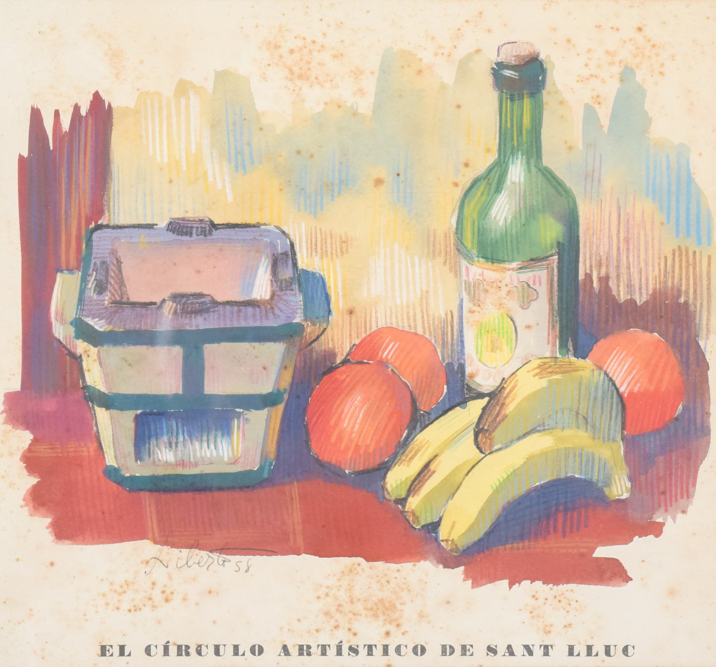 'El Circulo Artistico de Sant Lluc' Colourful Still Life Lithograph