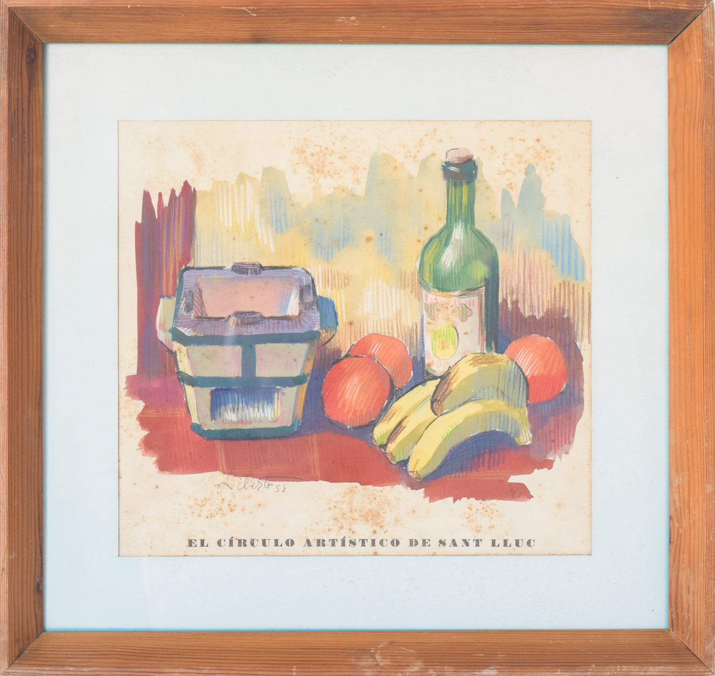 'El Circulo Artistico de Sant Lluc' Colourful Still Life Lithograph_Framed