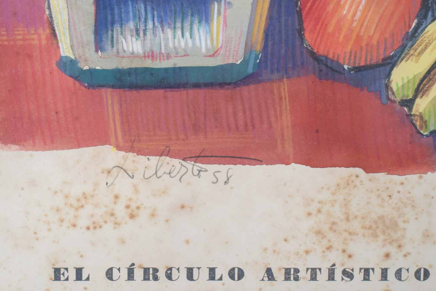 'El Circulo Artistico de Sant Lluc' Colourful Still Life Lithograph_Signature