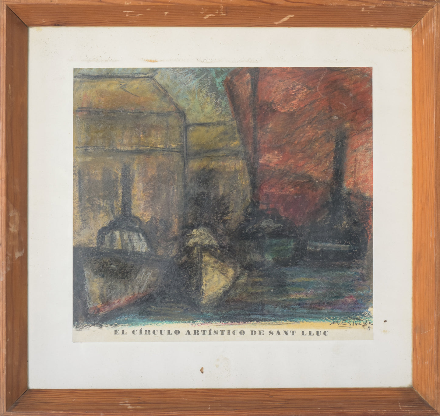 'El Círculo Artístico de Sant Lluc' Expressive Harbour Scene Lithograph_Framed