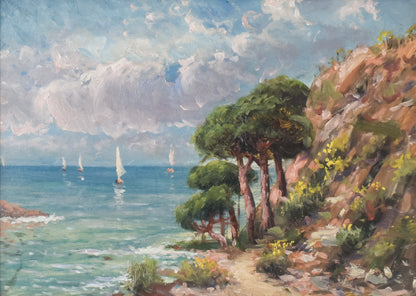 Coastal Landscape with Sailings Boats and Flowers