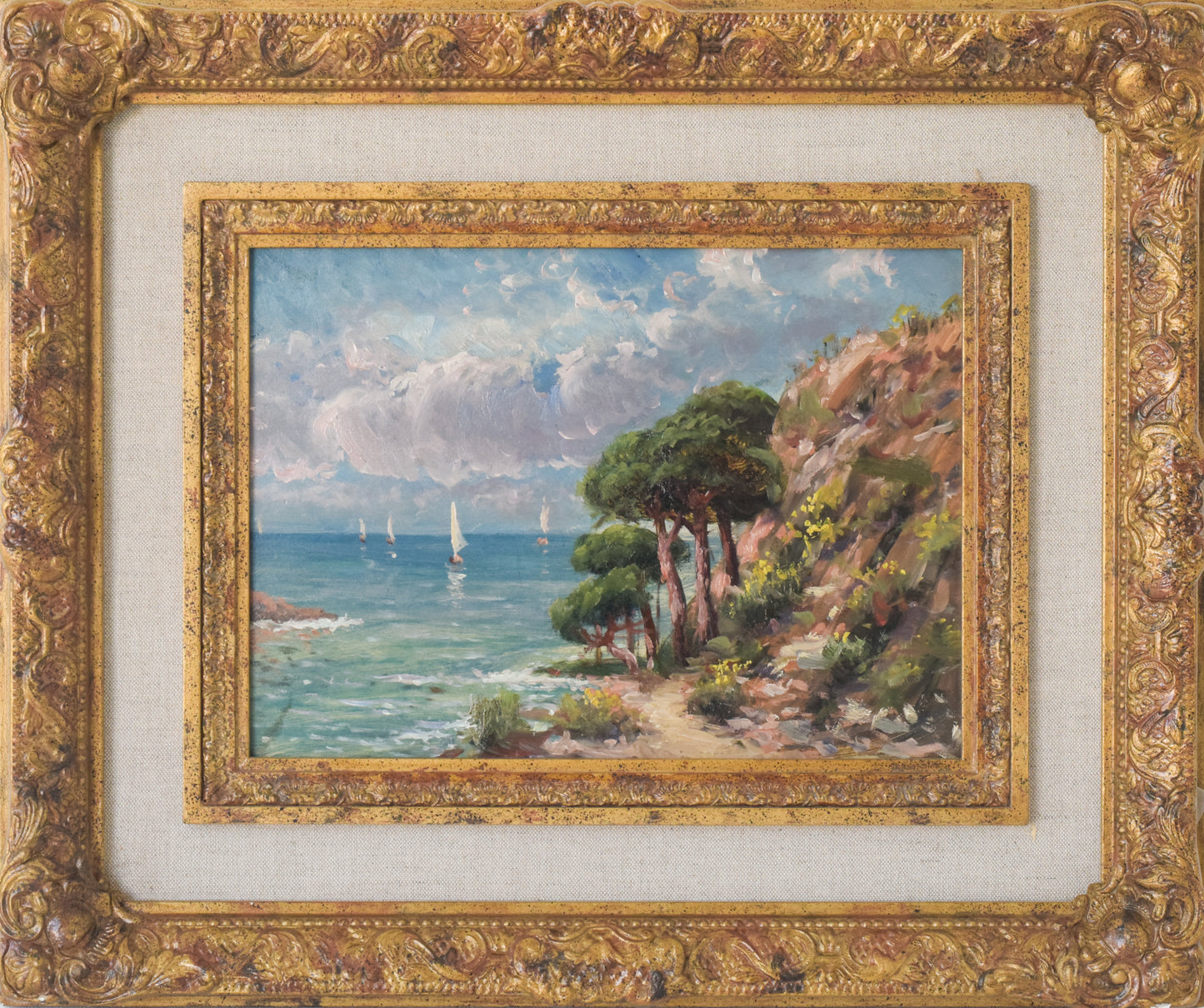 Coastal Landscape with Sailings Boats and Flowers_Framed