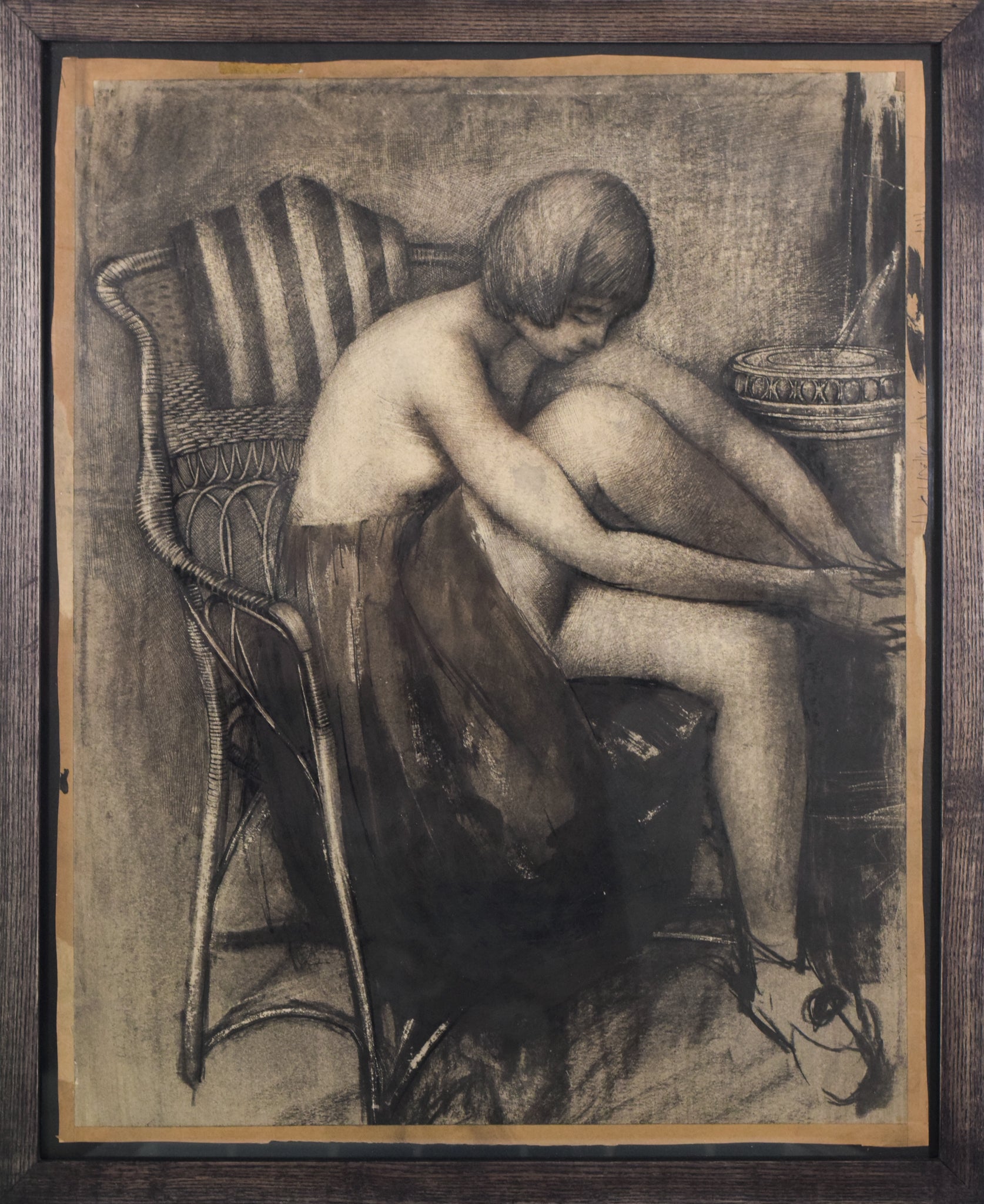 Drawing in Charcoal of a Woman in an Armchair_Framed