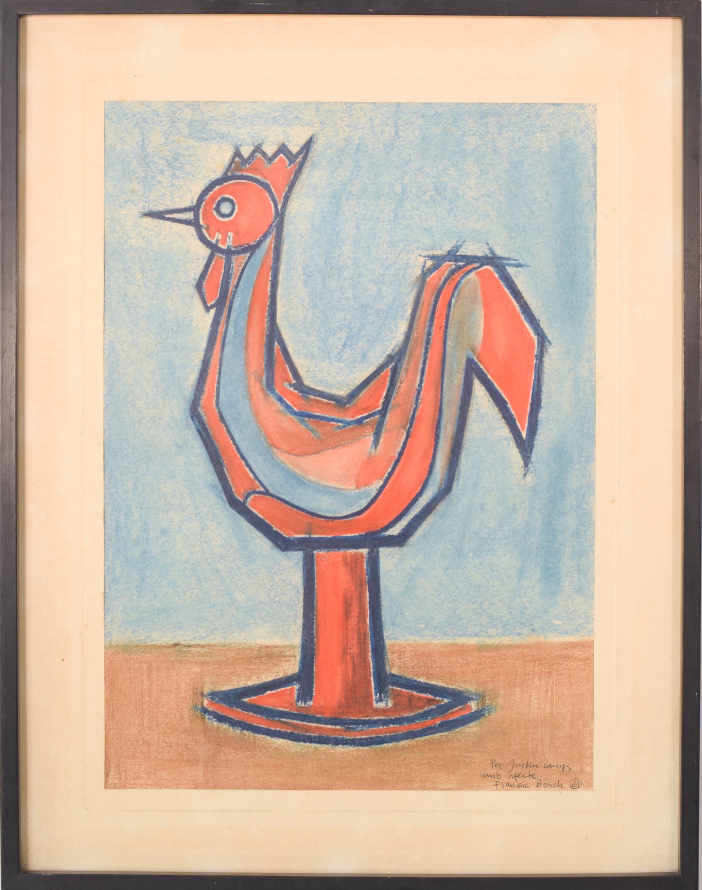 Modernist Pastel of a Cockerel Figurine by Francesc Bosch_Framed