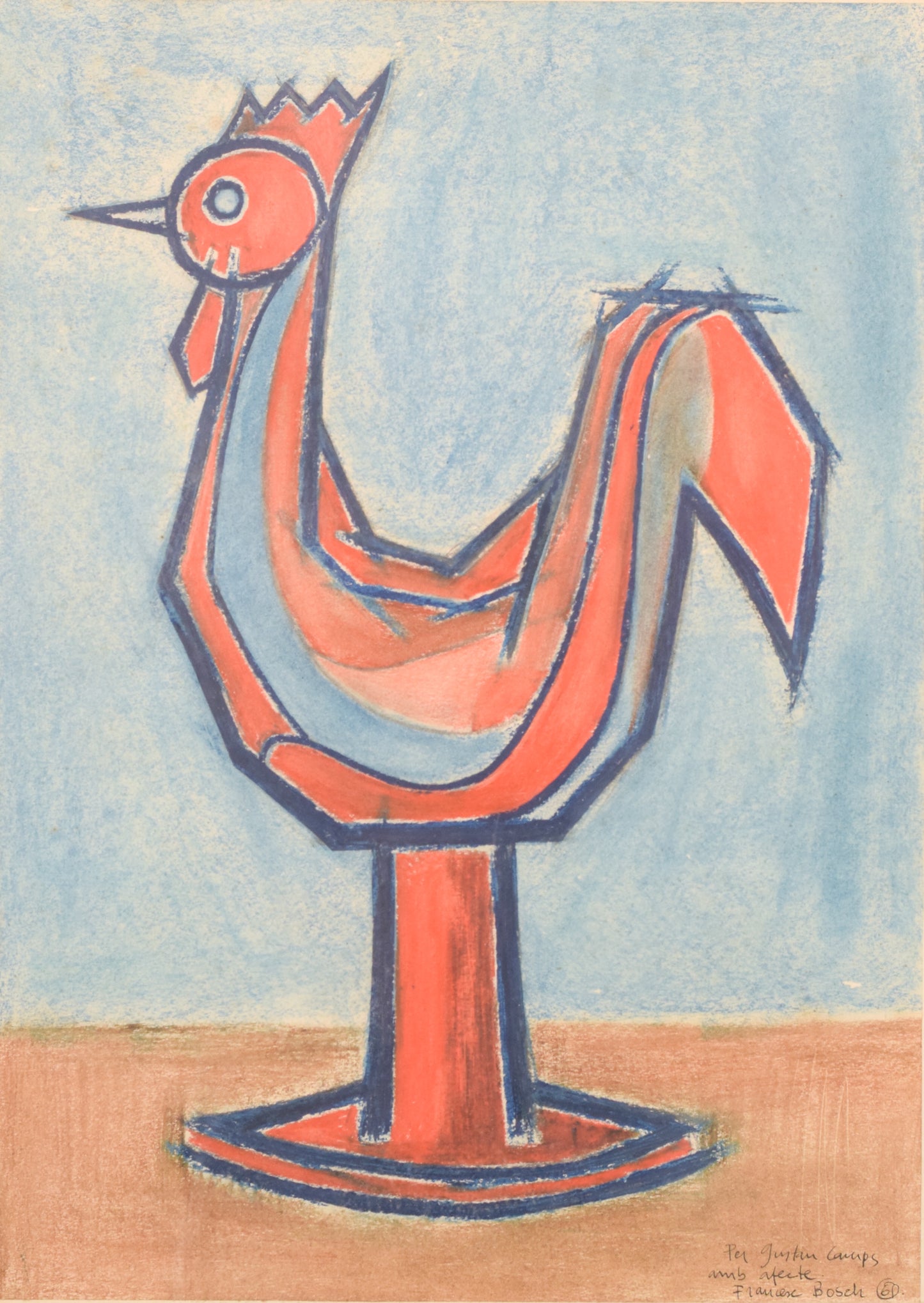 Modernist Pastel of a Cockerel Figurine by Francesc Bosch