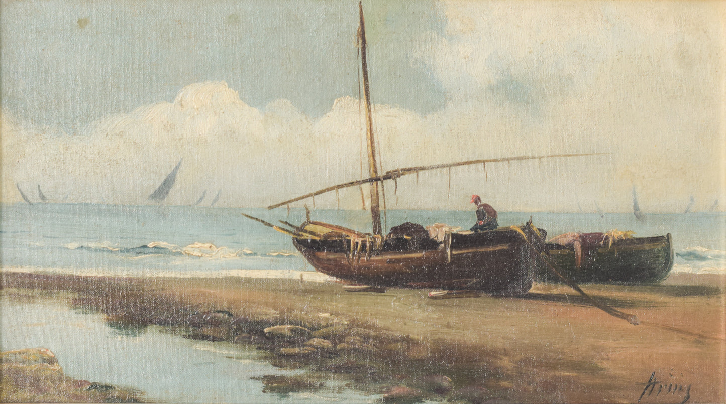 Barcos en la Orilla - Pintura al Óleo Tradicional
