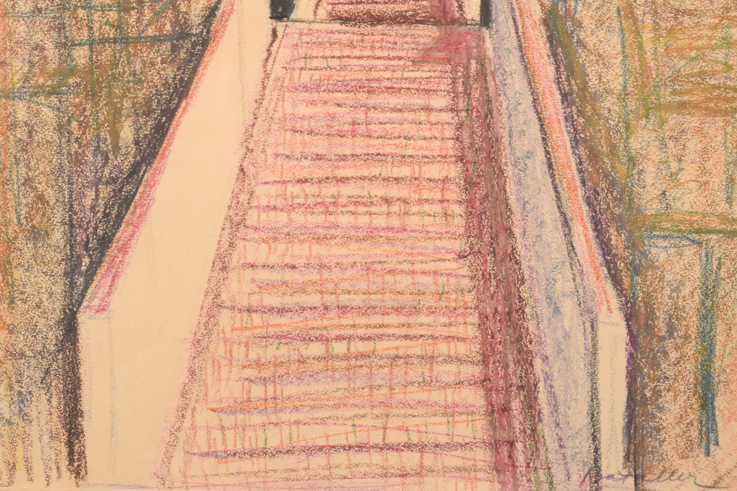 Modernist Coloured Drawing of a Church and Stairway_Detail