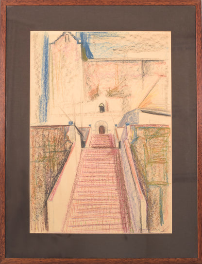 Modernist Coloured Drawing of a Church and Stairway_Framed