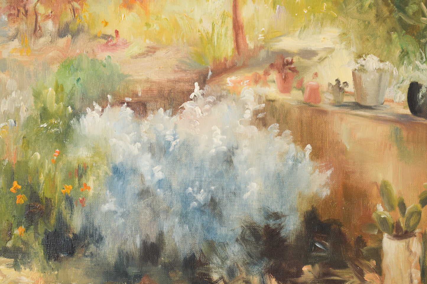 'Summer Garden with Trees and Lake' Large Oil Landscape_Detail