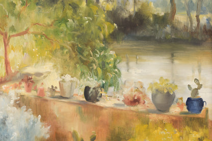 'Summer Garden with Trees and Lake' Large Oil Landscape_Detail