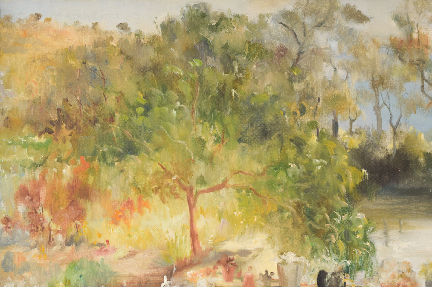 'Summer Garden with Trees and Lake' Large Oil Landscape_Detail