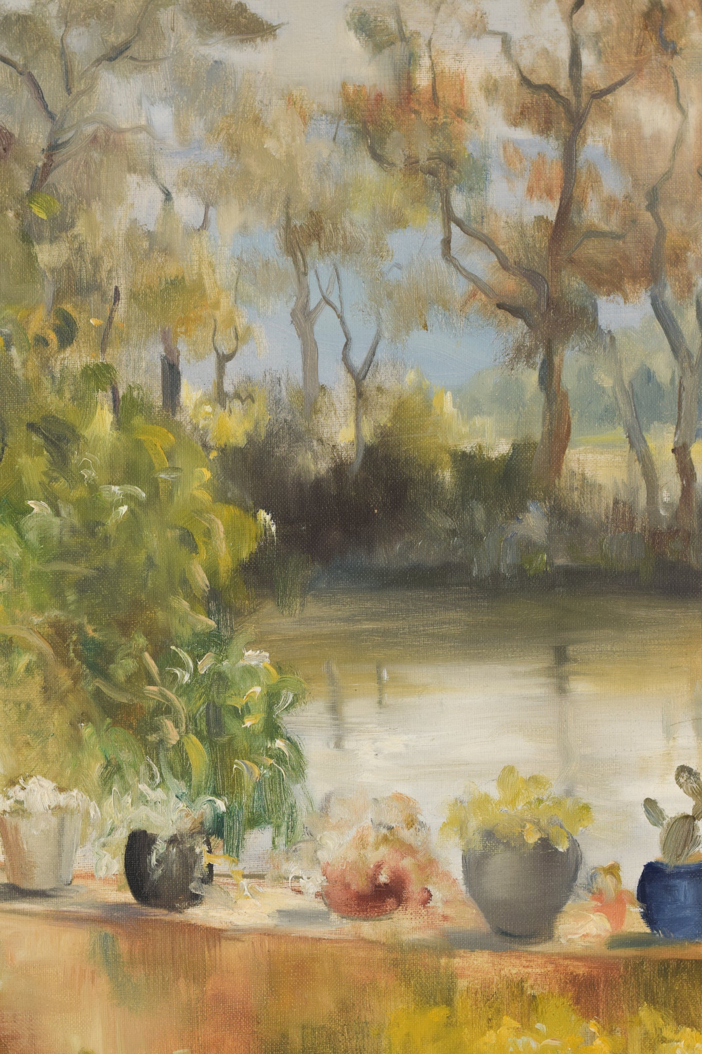 'Summer Garden with Trees and Lake' Large Oil Landscape_Detail