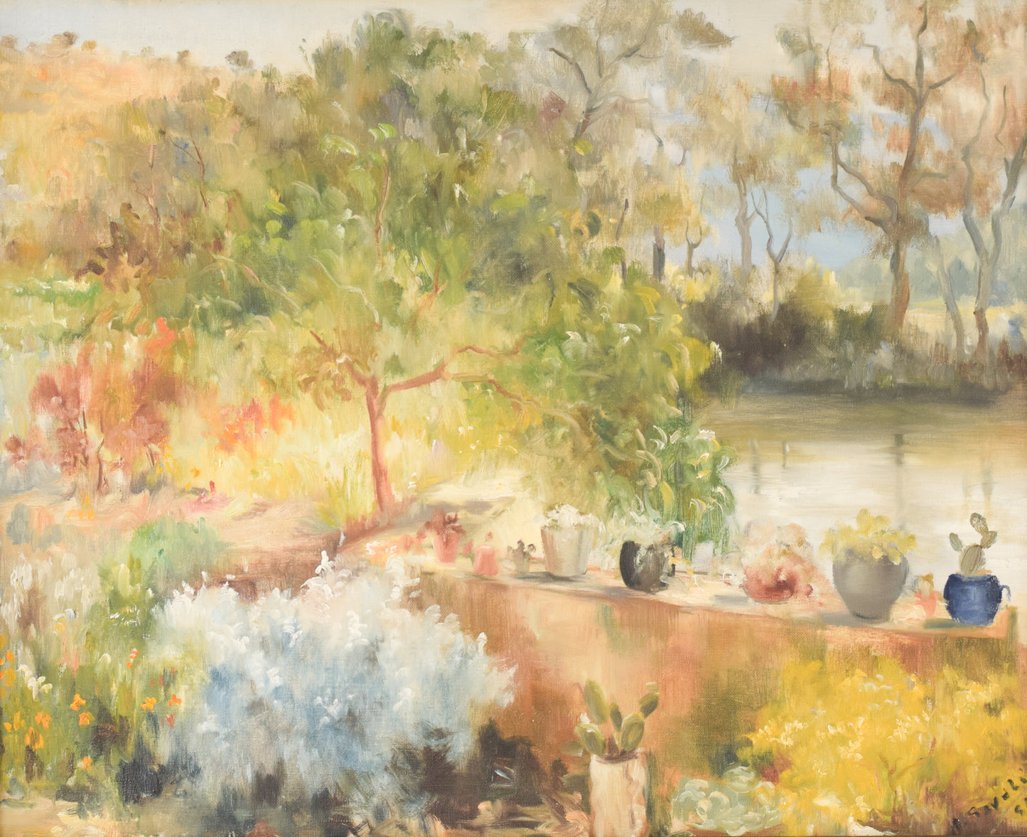 'Summer Garden with Trees and Lake' Large Oil Landscape