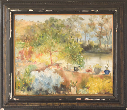 'Summer Garden with Trees and Lake' Large Oil Landscape_Framed