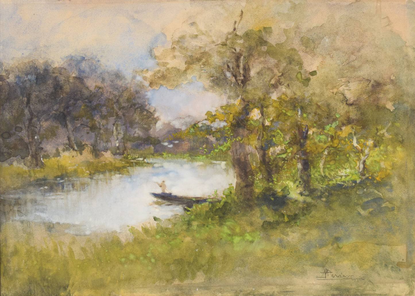 'The Boat on the River' Watercolour Landscape by Pompeo Mariani