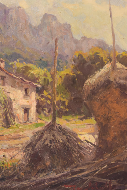Francesc Carbonell Massabe - Mountain Landscape with Barn and Haystacks