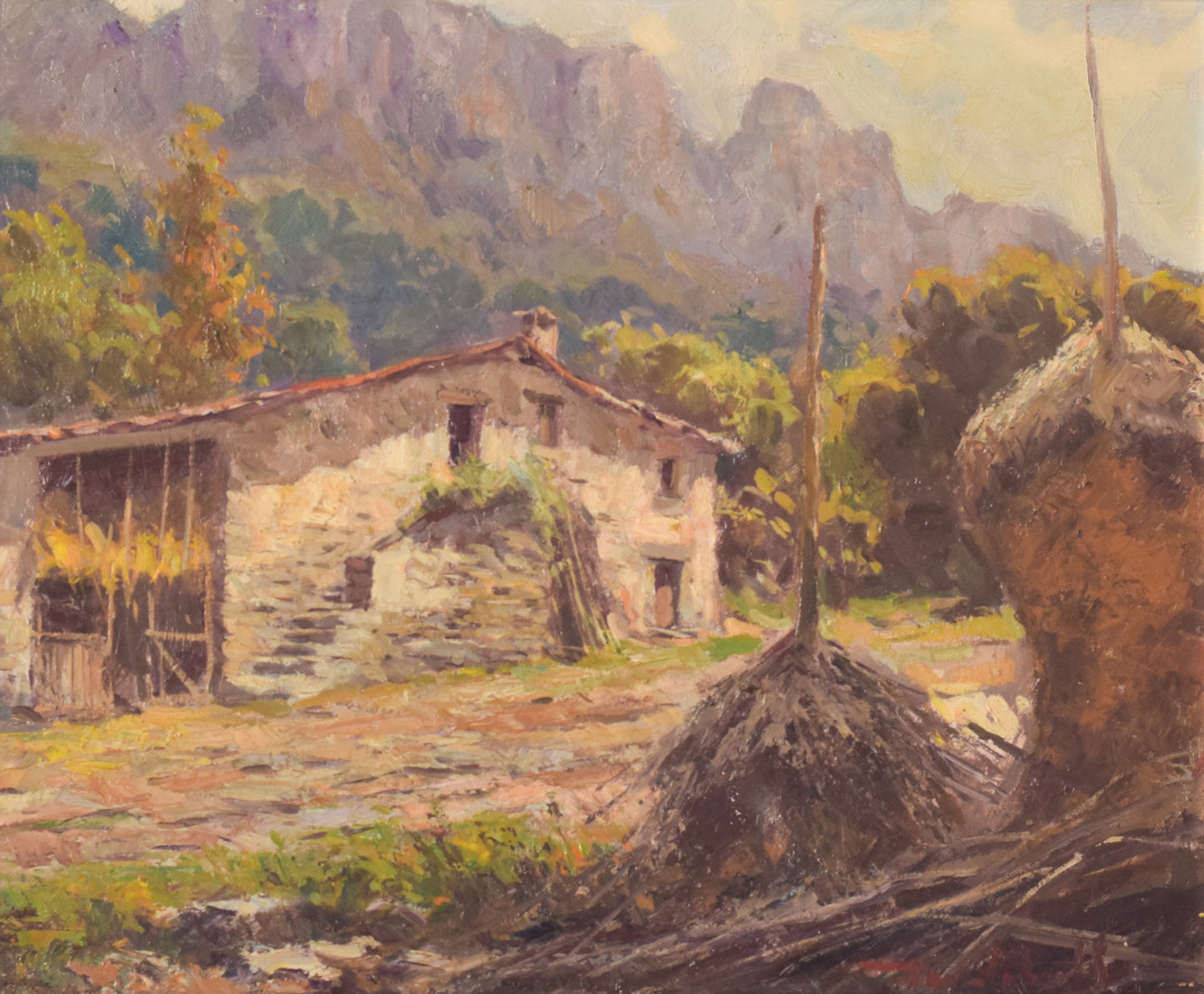 Francesc Carbonell Massabe - Mountain Landscape with Barn and Haystacks