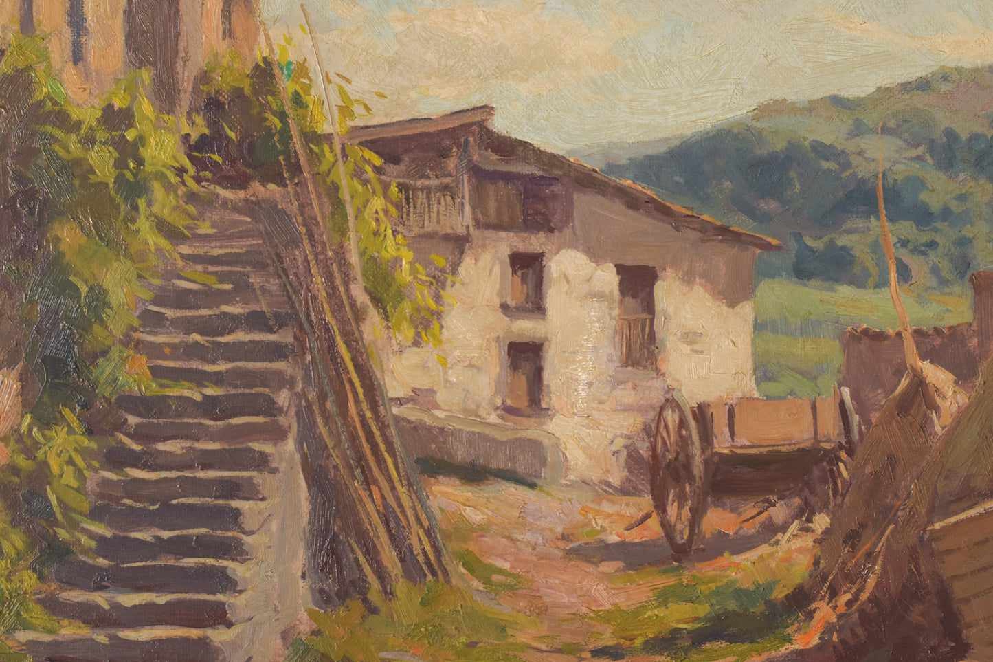 Francesc Carbonell Massabe - Farmyard Scene with Mountains and Cart
