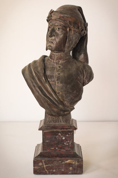 Bronzed bust with marble base of Dante by Giuseppe Moretti