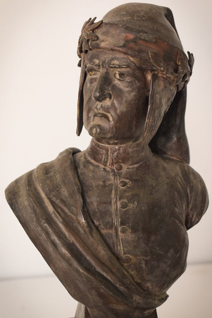 Bronzed bust with marble base of Dante by Giuseppe Moretti