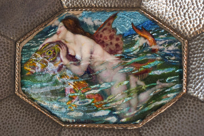 A Stunning Signed Arts & Crafts Enamel Mermaid Framed Plaque