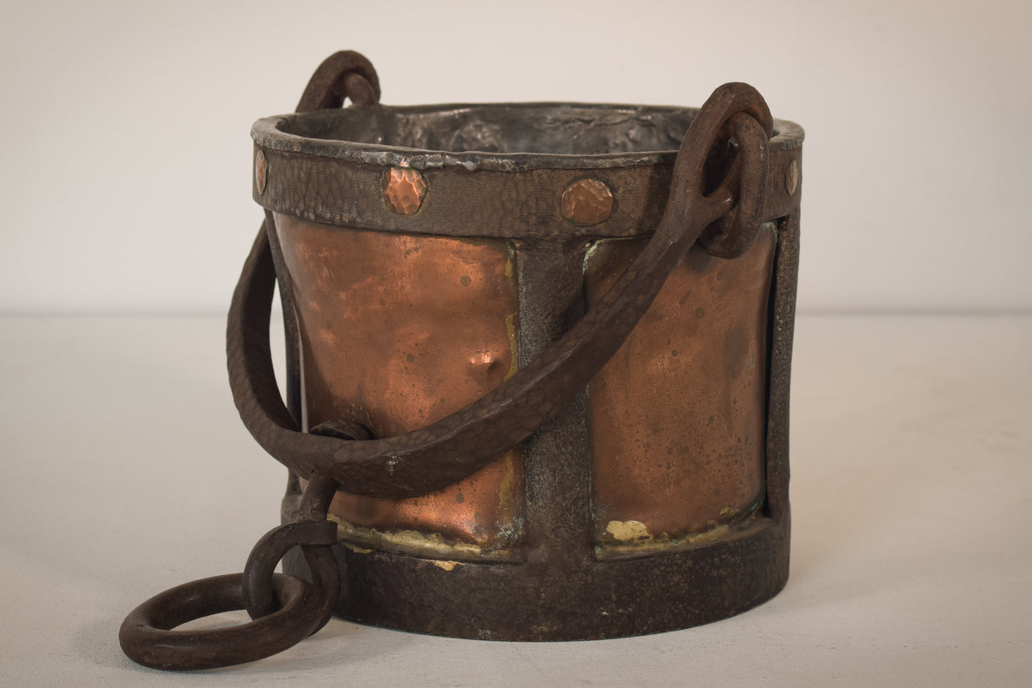 Copper and Hand Worked Iron Bucket