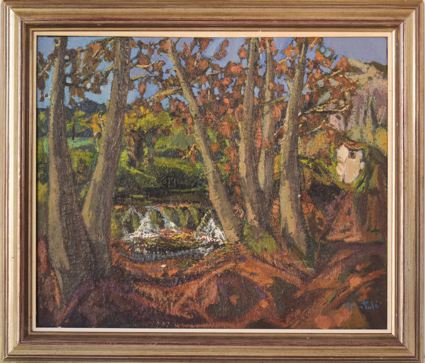 Framed Signed Post Impressionist Oil on Canvas of Trees and Waterfall