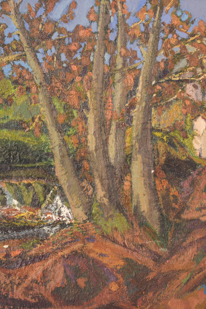 Enmarcado Postimpresionista firmado Óleo sobre lienzo de árboles y cascada