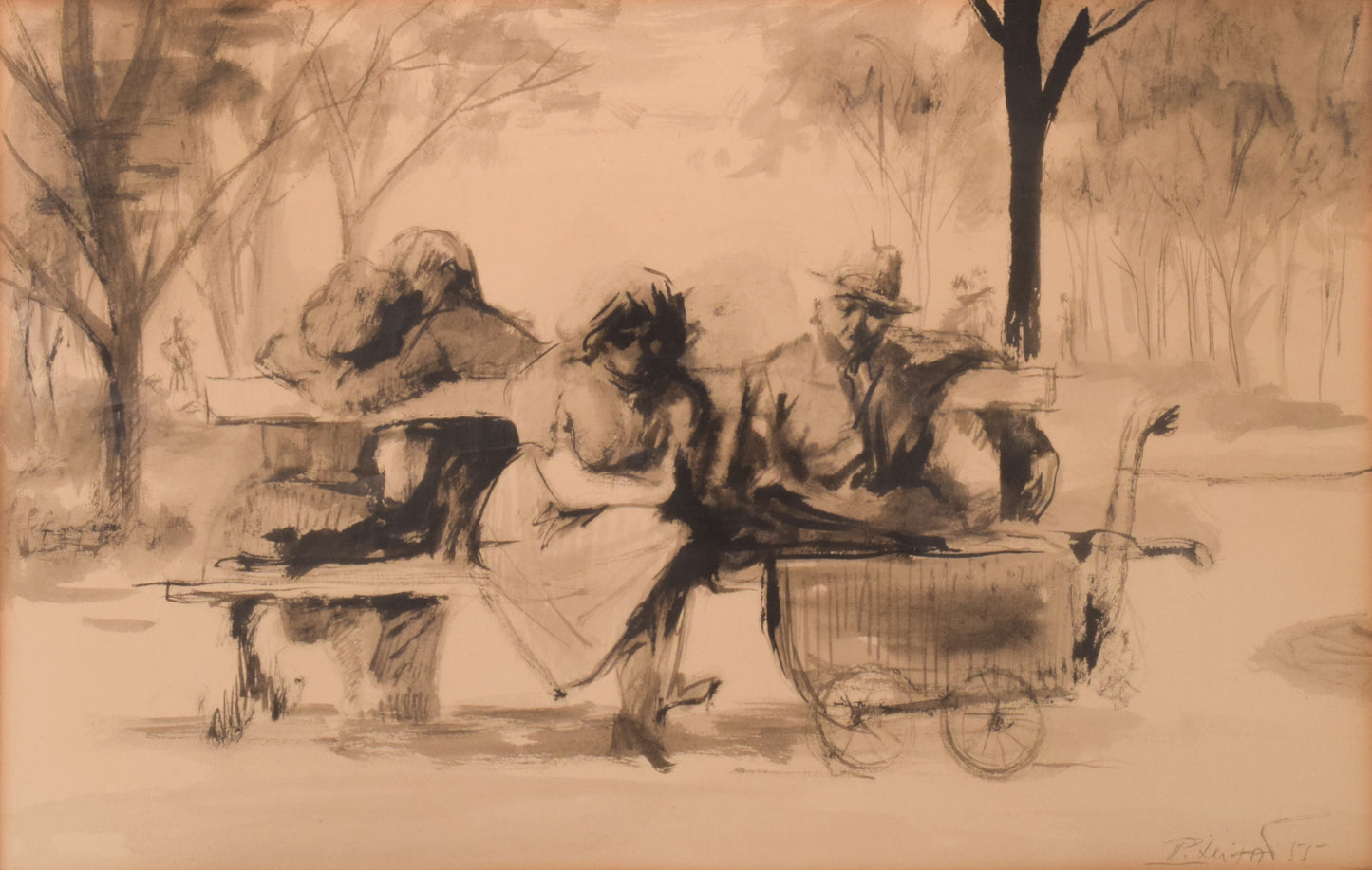 Pedro Leitao - Watercolour Figures on Bench