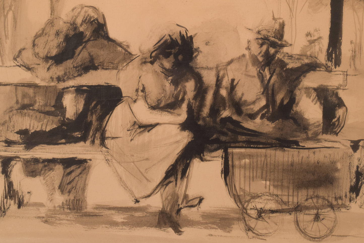 Pedro Leitao - Watercolour Figures on Bench