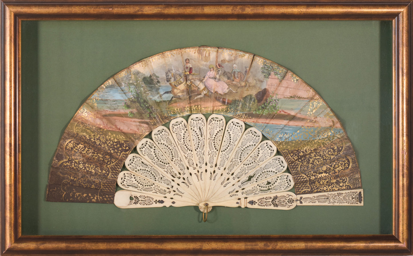 Framed Fan with Hand Painted Medieval Scene