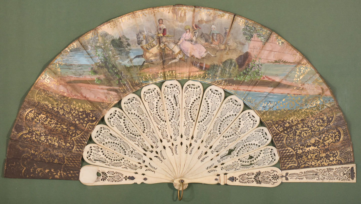 Framed Fan with Hand Painted Medieval Scene