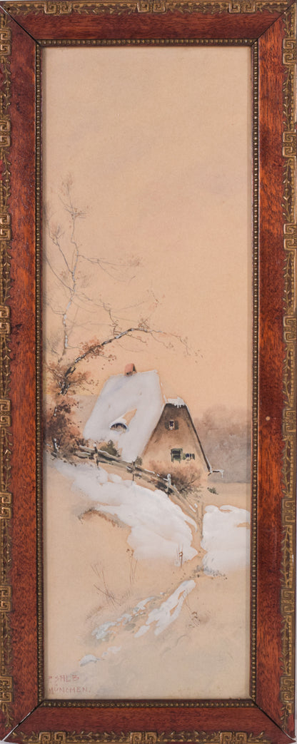 Snowscape Watercolour of a House mounted in a exquisite secessionist art Nouveau frame