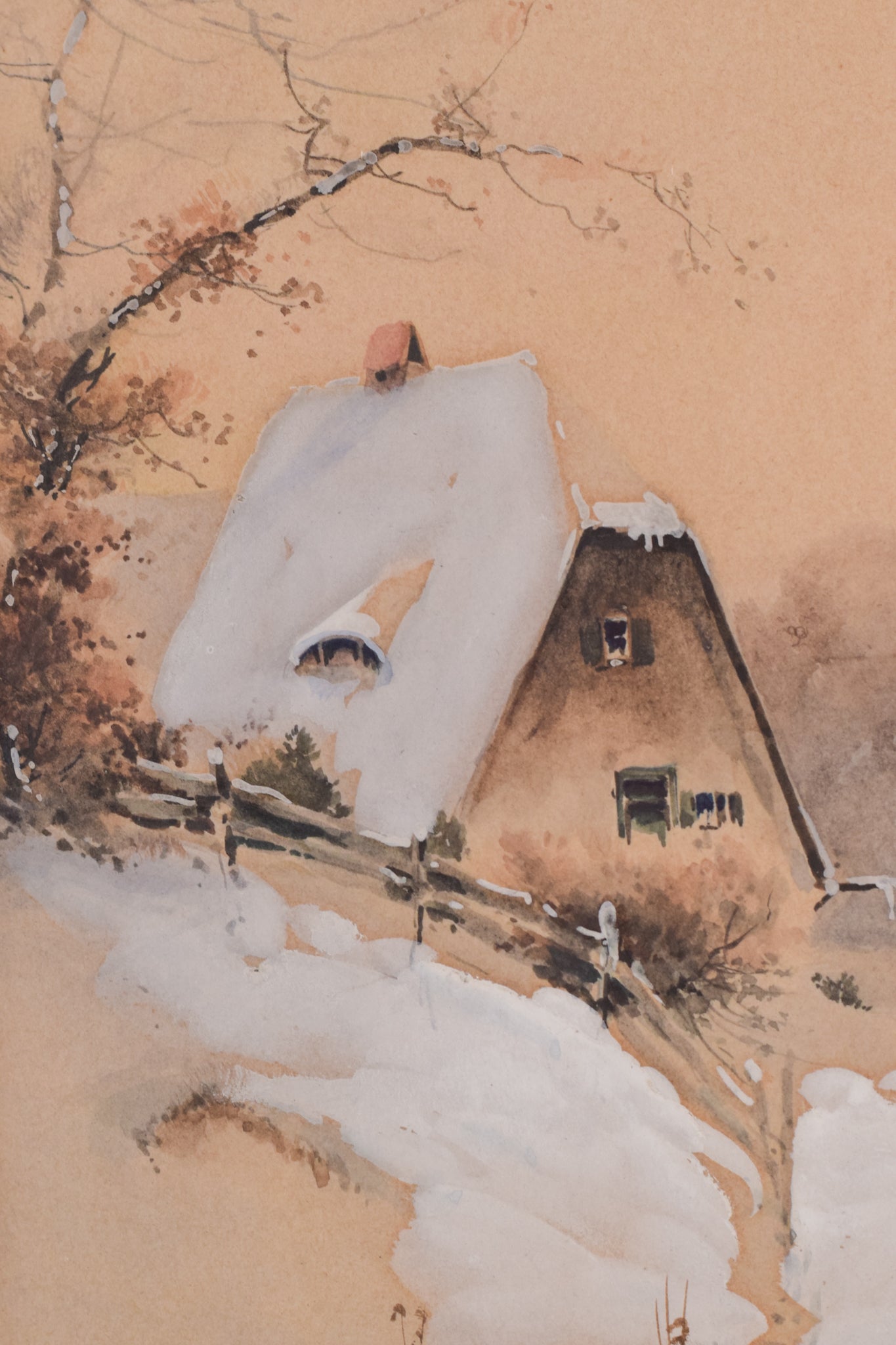 Snowscape Watercolour of a House mounted in a exquisite secessionist art Nouveau frame