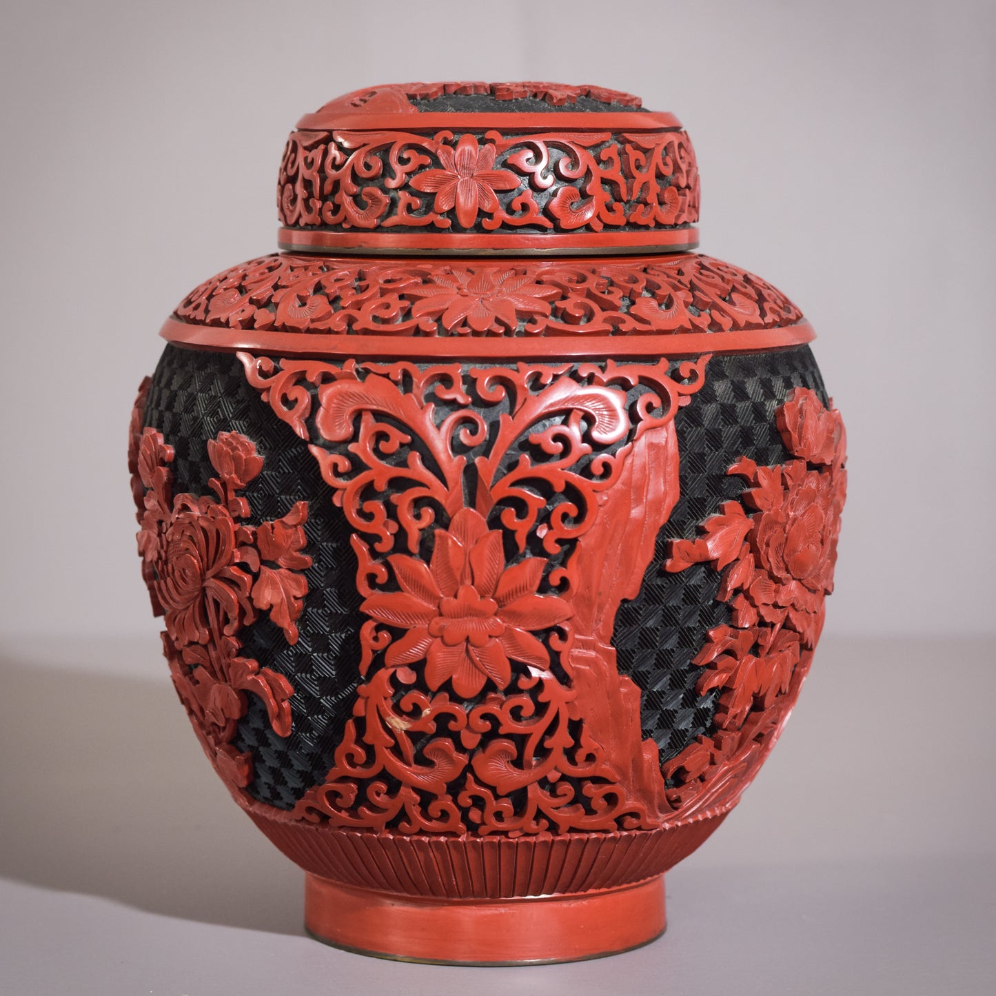 Hand Carved Two Tone Lacquered Ginger Jar on Copper