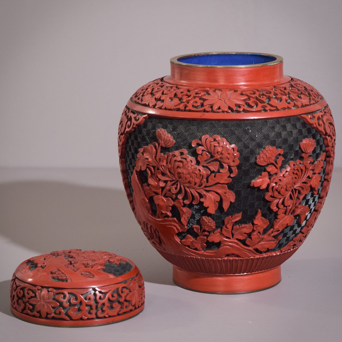 Hand Carved Two Tone Lacquered Ginger Jar on Copper